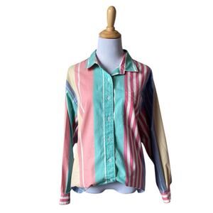 Vintage Retro 100% Cotton 90s Talbots Pastel Striped Button Down Women's Blouse